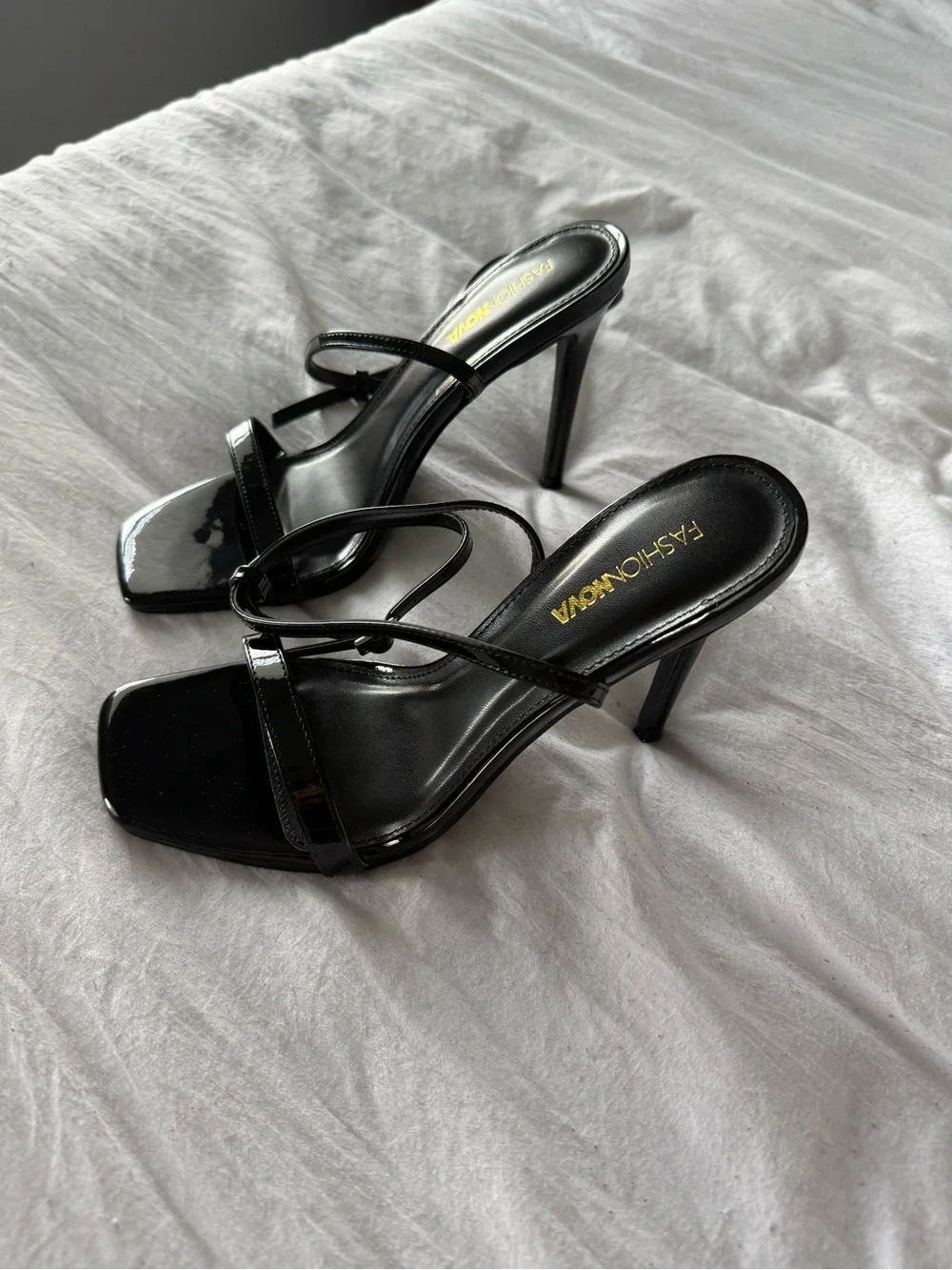 Fashion Nova Black Strappy Square Toe Heels